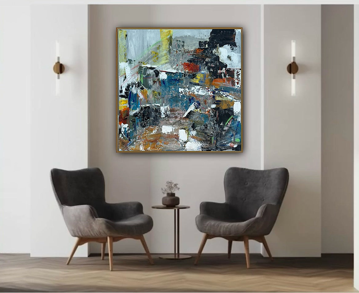 Contemporary Style Abstract Original Oil Painting on 60x60cm Canvas House on the Hill