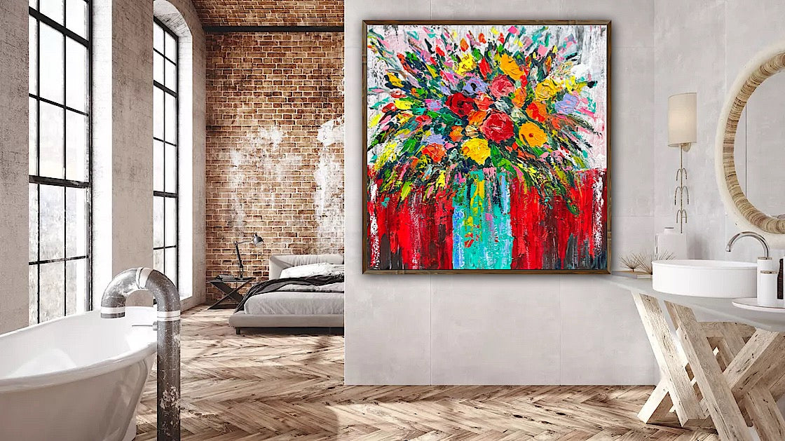 Original Abstract Oil Painting On 4cm Canvas 80 x 80cm Floral Sunflowers