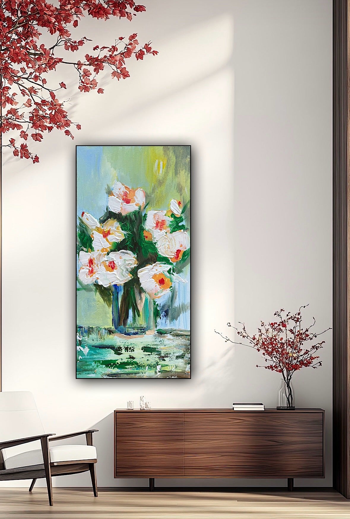 Oka Contemporary Abstract Original Oil Painting on 30cm x 60cm canvas textured White Roses floral love