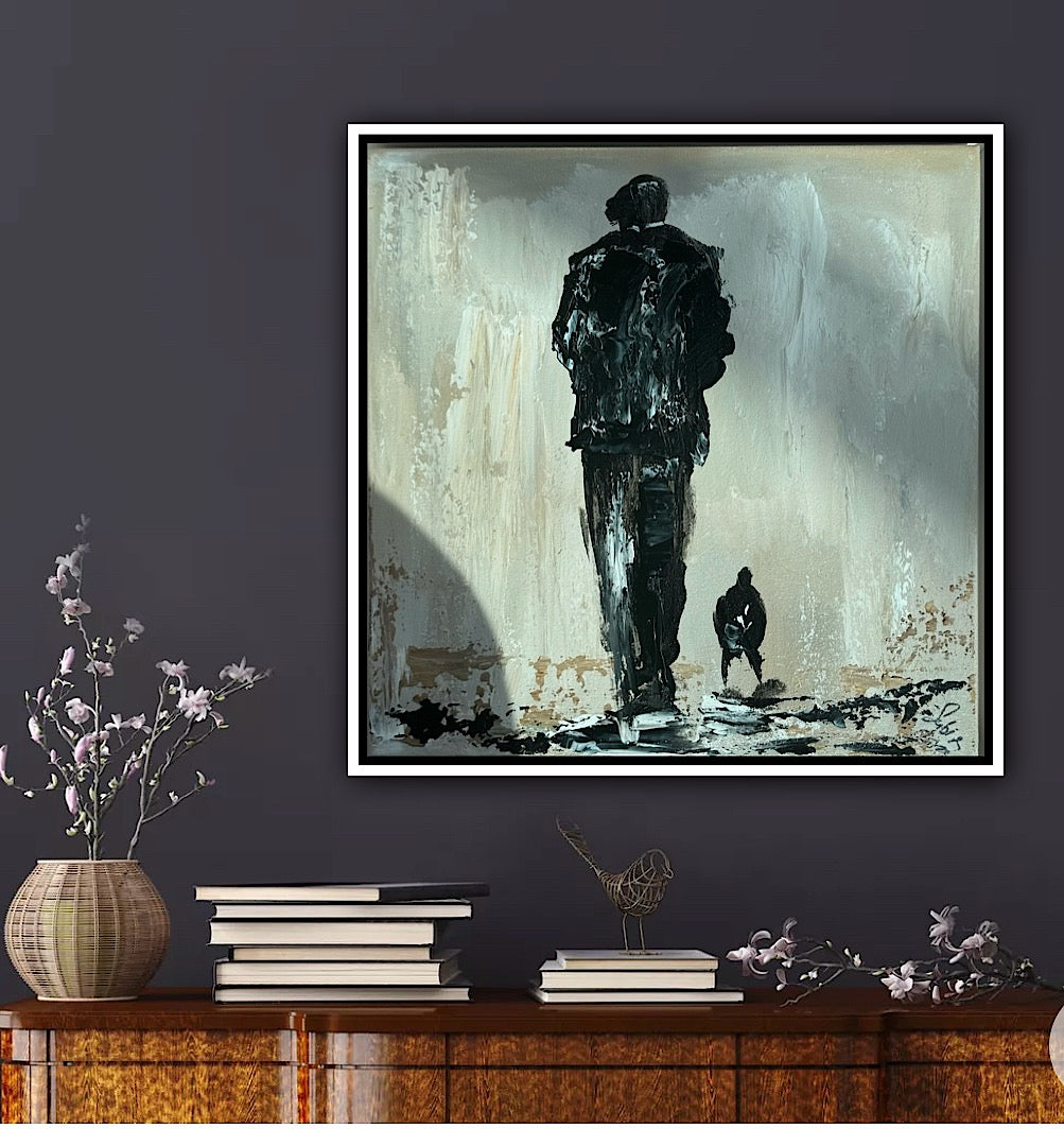Oka Contemporary Abstract Original Oil Painting on canvas 33 x 33cm textured Pals man with a dog