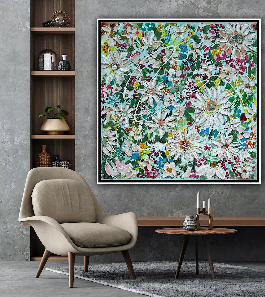 Framed Original Abstract Oil Painting On Canvas 80x80cm Daisies & more Flowers Textured