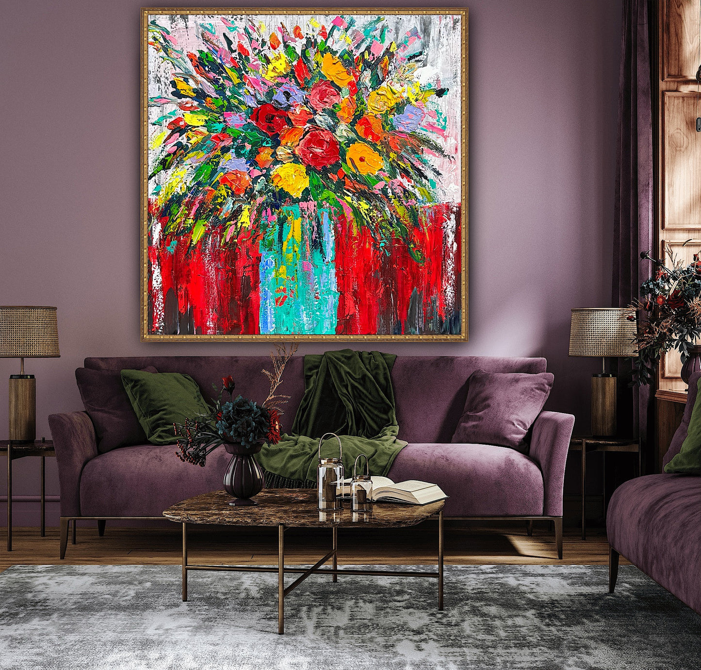 Original Abstract Oil Painting On 4cm Canvas 80 x 80cm Floral Sunflowers