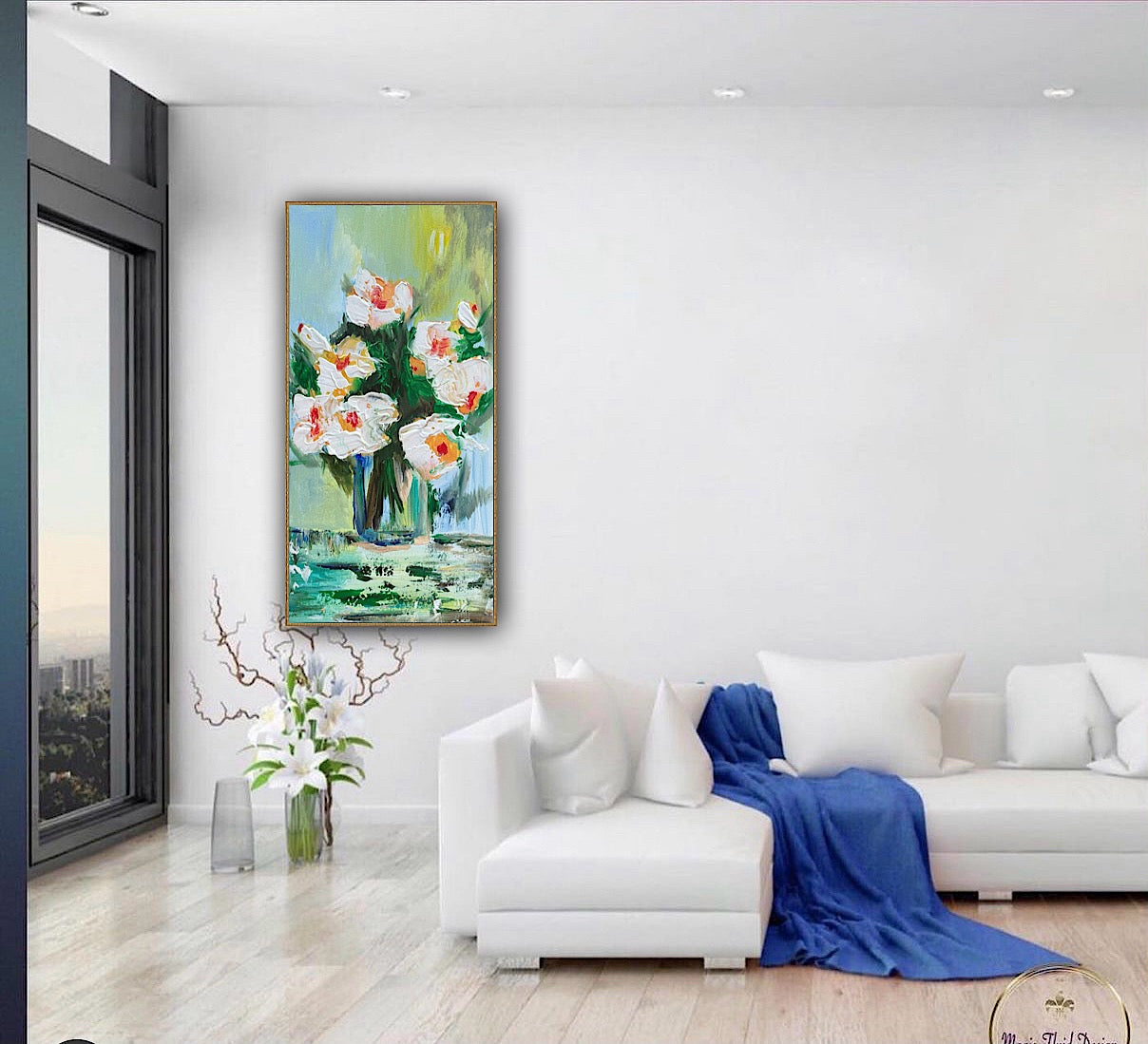 Oka Contemporary Abstract Original Oil Painting on 30cm x 60cm canvas textured White Roses floral love
