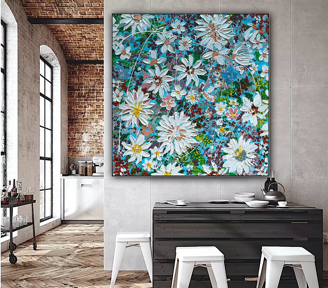 Original Abstract Oil Painting On Canvas 90 x 90cm Flowers in bloom textured framed