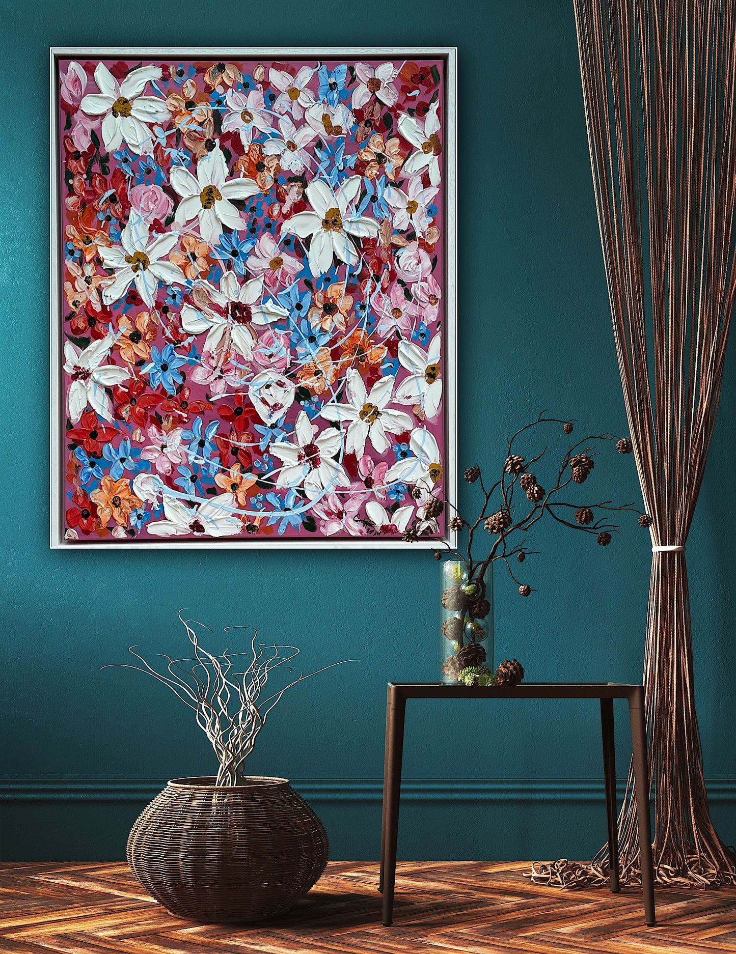 Original Abstract Oil Painting On Canvas 80 x 65cm Daisies in bloom textured framed