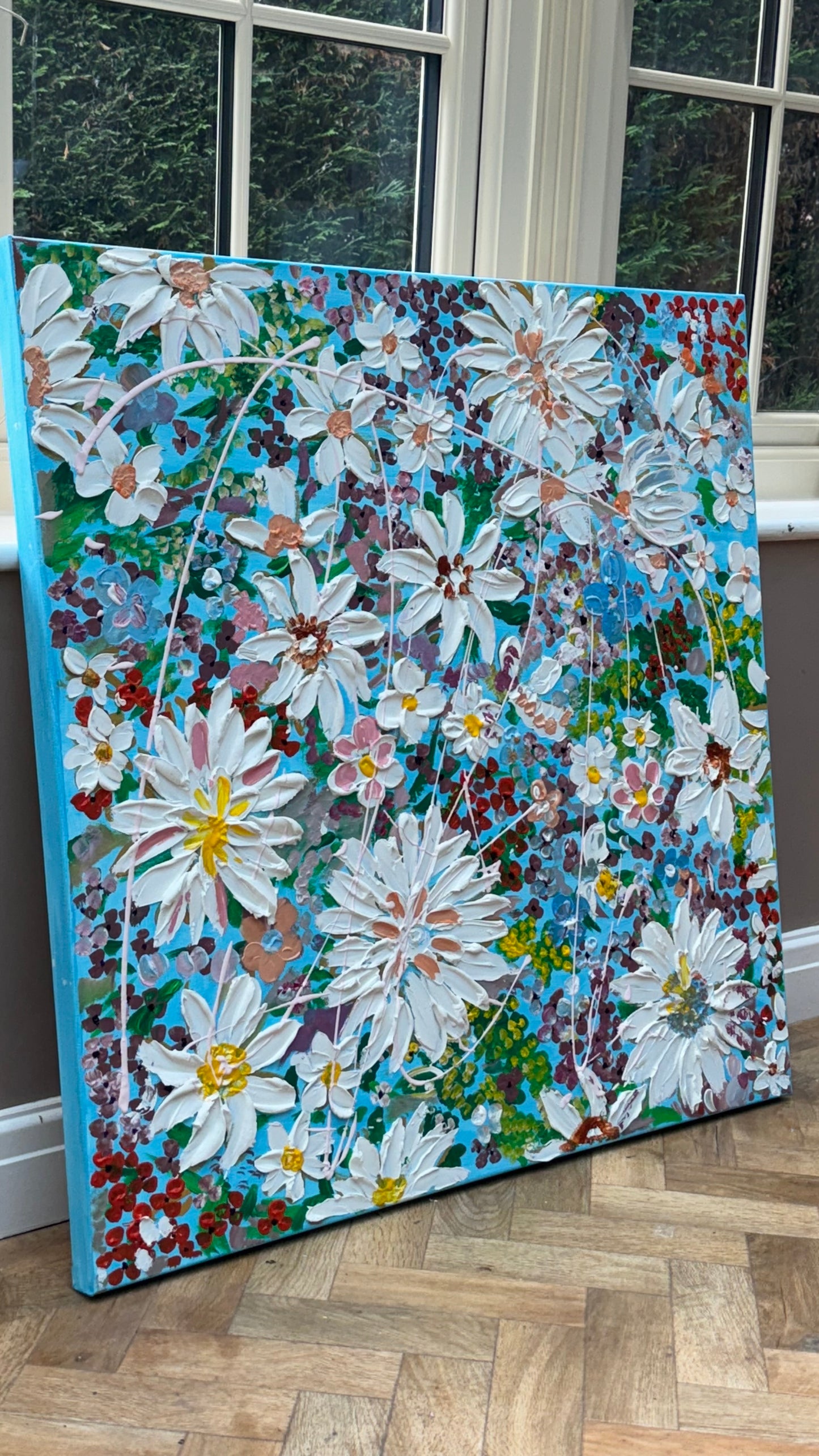 Original Abstract Oil Painting On Canvas 90 x 90cm Flowers in bloom textured framed
