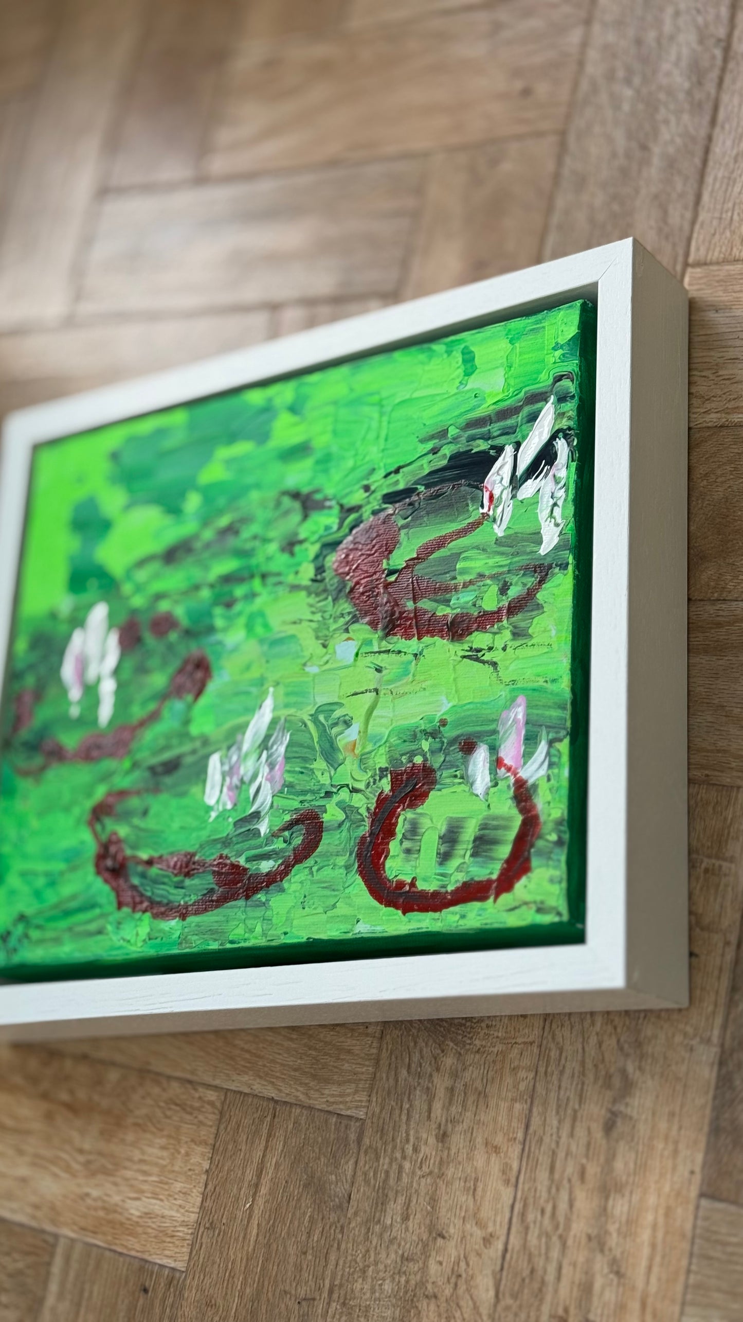 Framed Original Abstract contemporary Oil Painting On Canvas 36 x 33cm Lily Pond oka