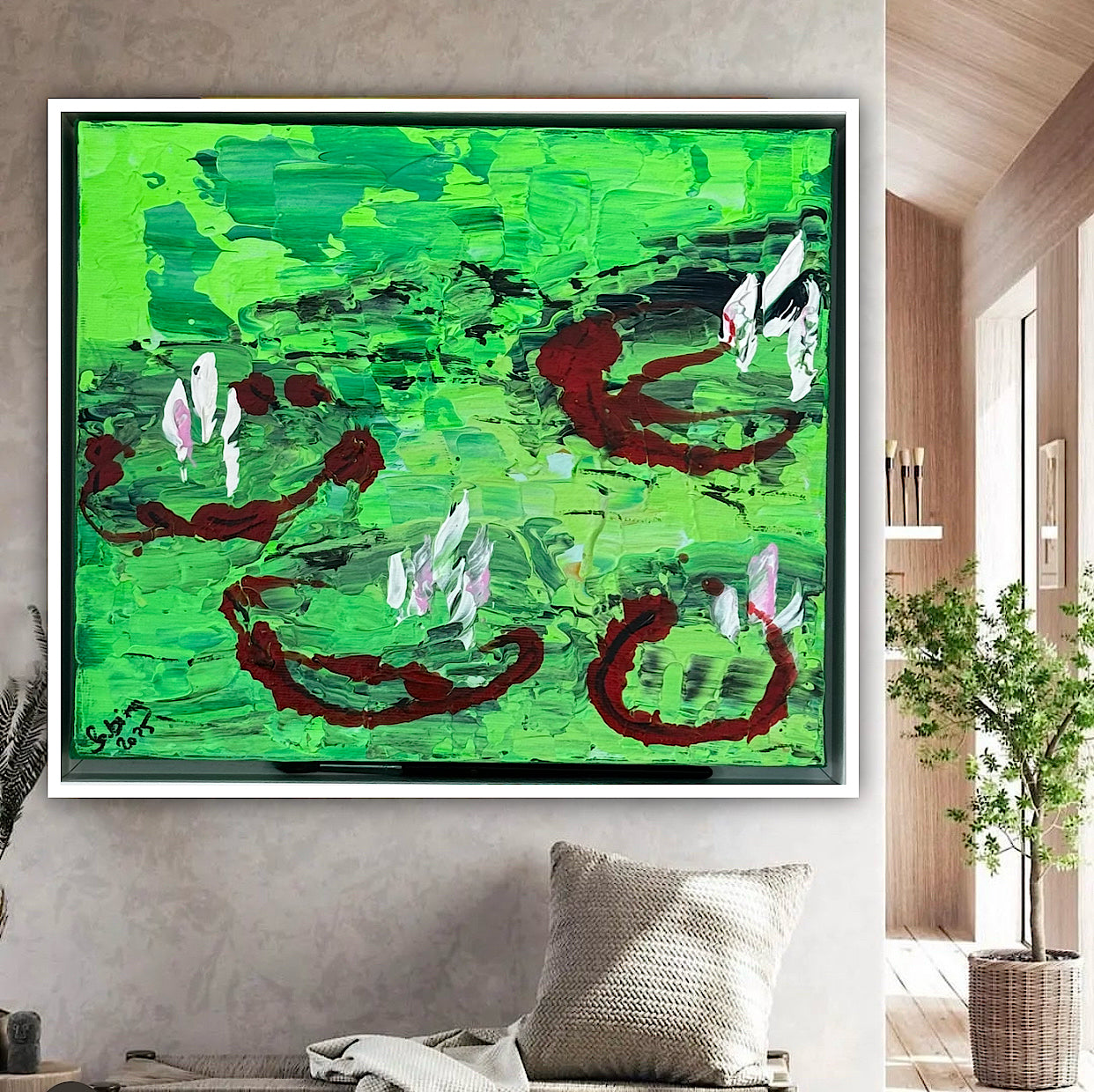 Framed Original Abstract contemporary Oil Painting On Canvas 36 x 33cm Lily Pond oka
