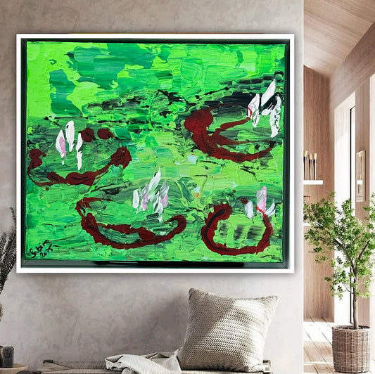 Framed Original Abstract contemporary Oil Painting On Canvas 36 x 33cm  Lily Pond oka
