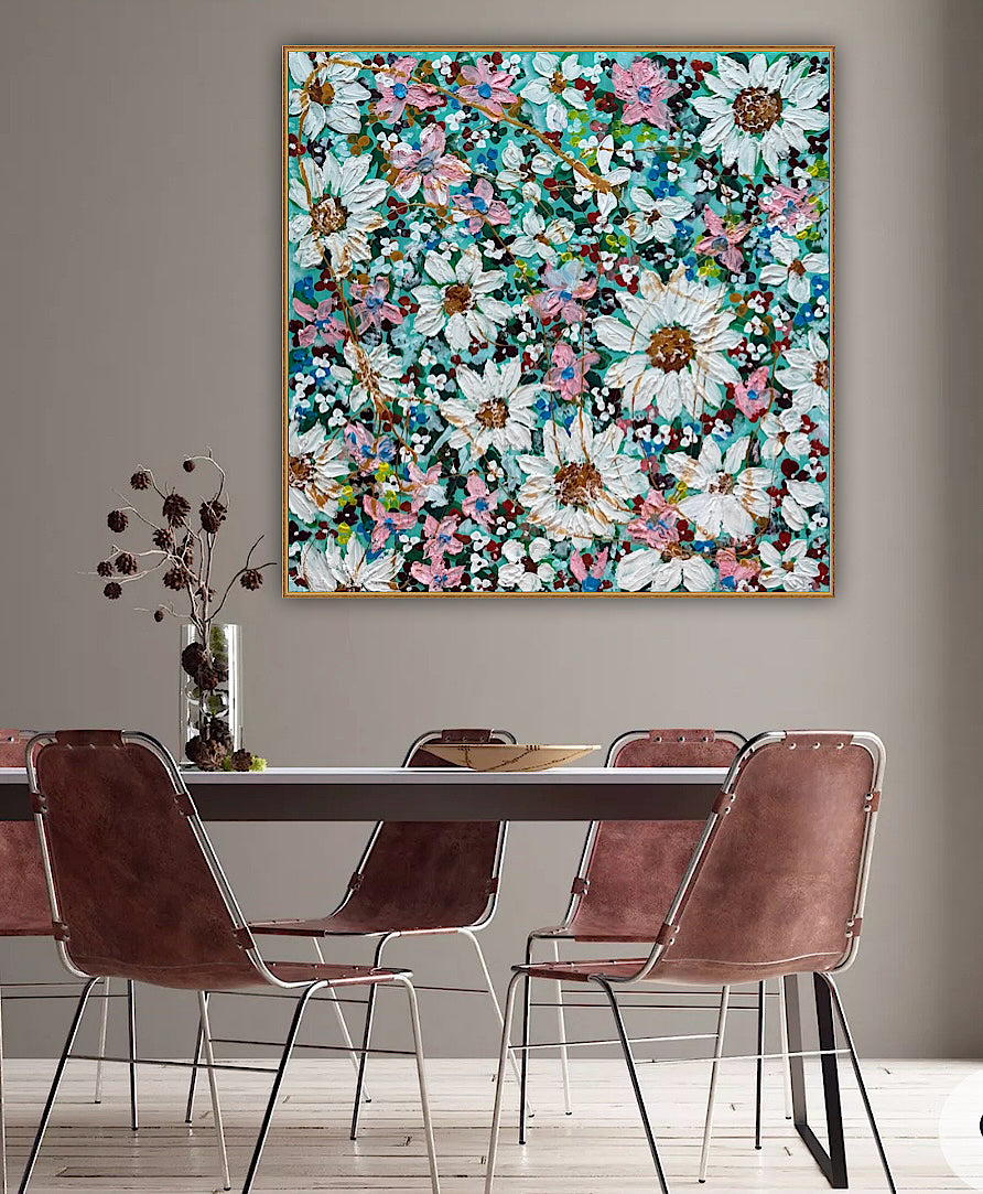 Original Abstract Oil Painting On deep edge Canvas 100x100cm Daisies & more Flowers Textured