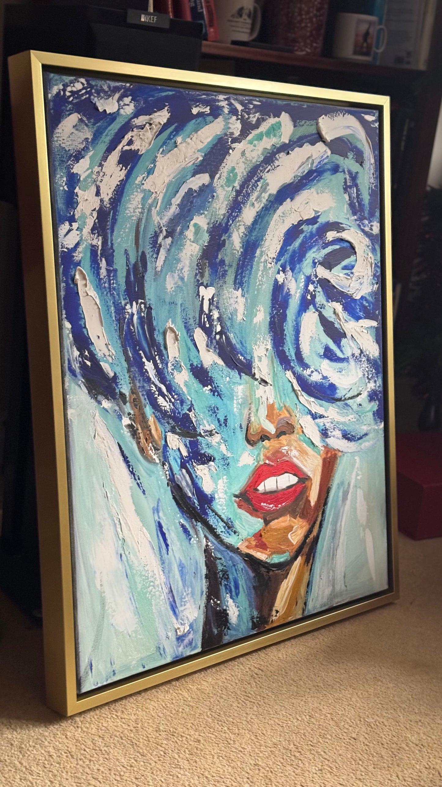 Large Abstract Original Oil Painting On 80x70cm canvas Waves Woman texture Vogue portrait framed in gold bespoke frame