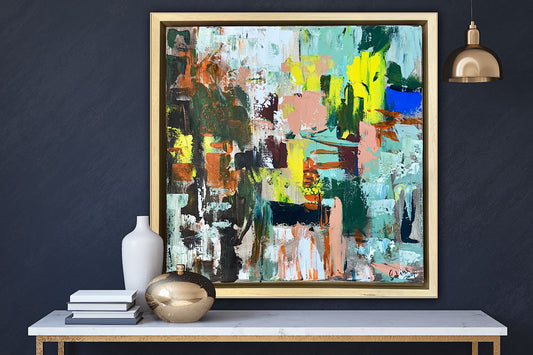 Framed Original Abstract Oil Painting On Canvas 52 x 52cm city lights Oka