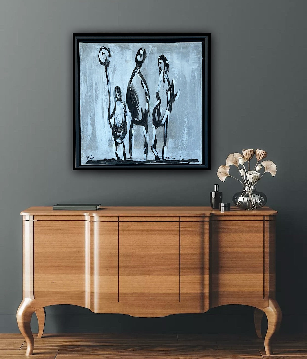 Framed in black Figurative Modern Abstract contemporary oil Painting On Canvas 42 x 42cm family