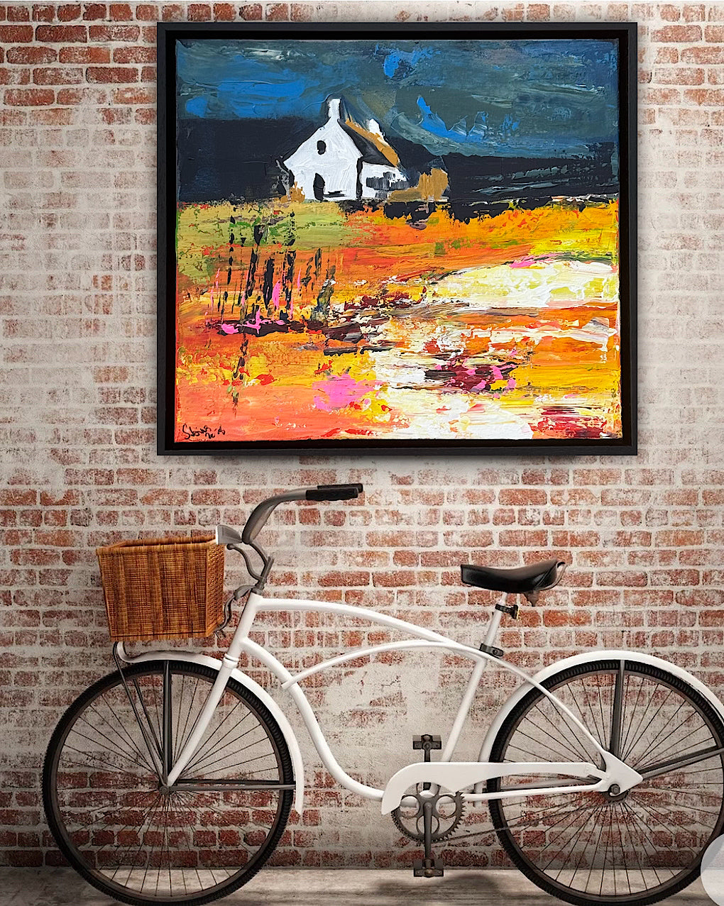 Framed Original Abstract contemporary Oil Painting On Canvas 43x40cm Magazine Irish House on a Hill Oka