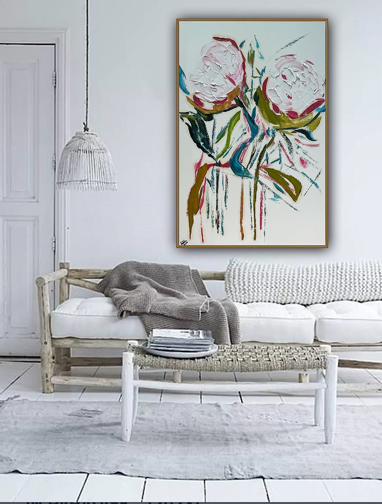Oka Design Contemporary Abstract Original Oil Painting On 90 x 60cm Canvas Peonies floral
