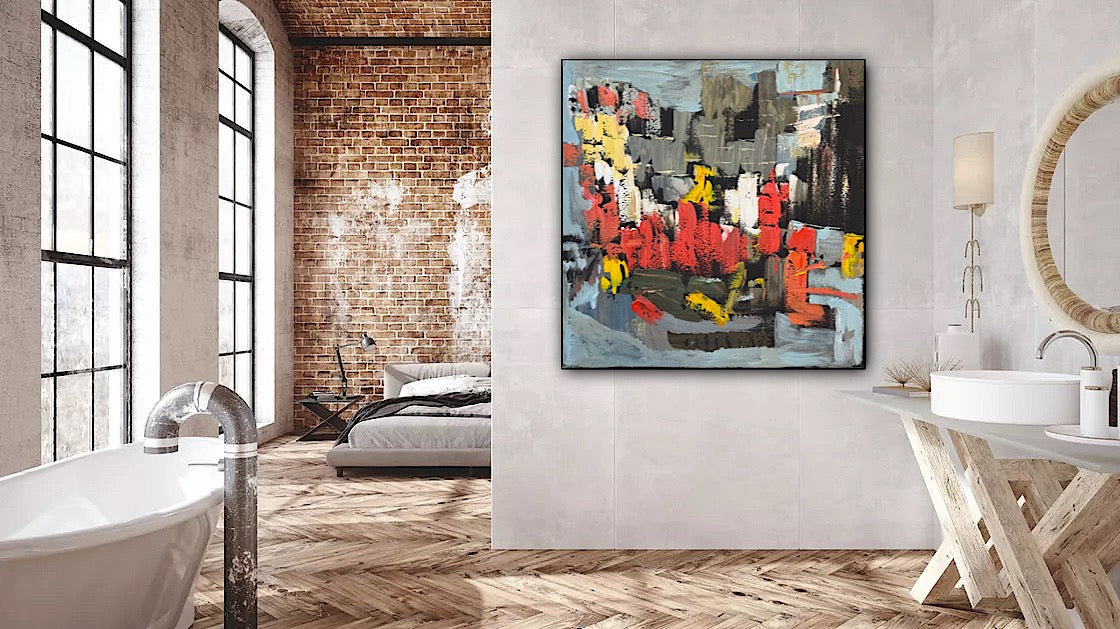 Framed in black Oka Contemporary Abstract Original Oil Painting on 70 x 70cm canvas Rome cityscape