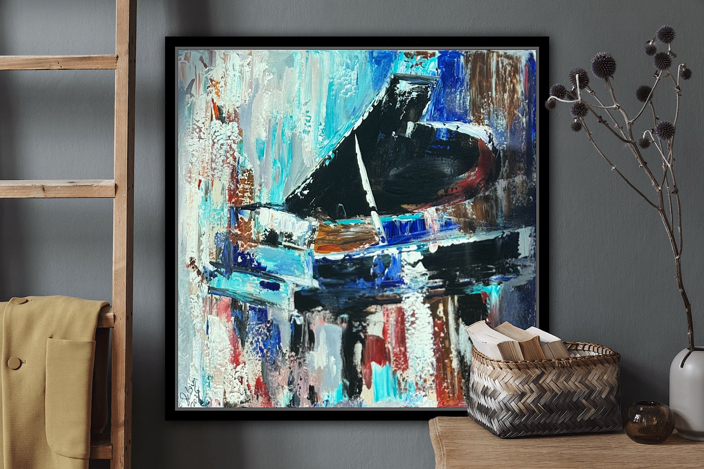 Framed in black Textured Original Abstract Oil Painting On Canvas 55x55cm Black Grand Piano
