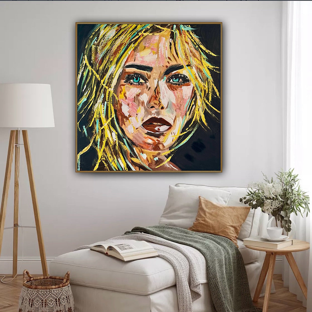 Contemporary Abstract Original Oil Painting On Canvas 90x90cm Blond girl ‘Luna’ woman’s portrait Framed