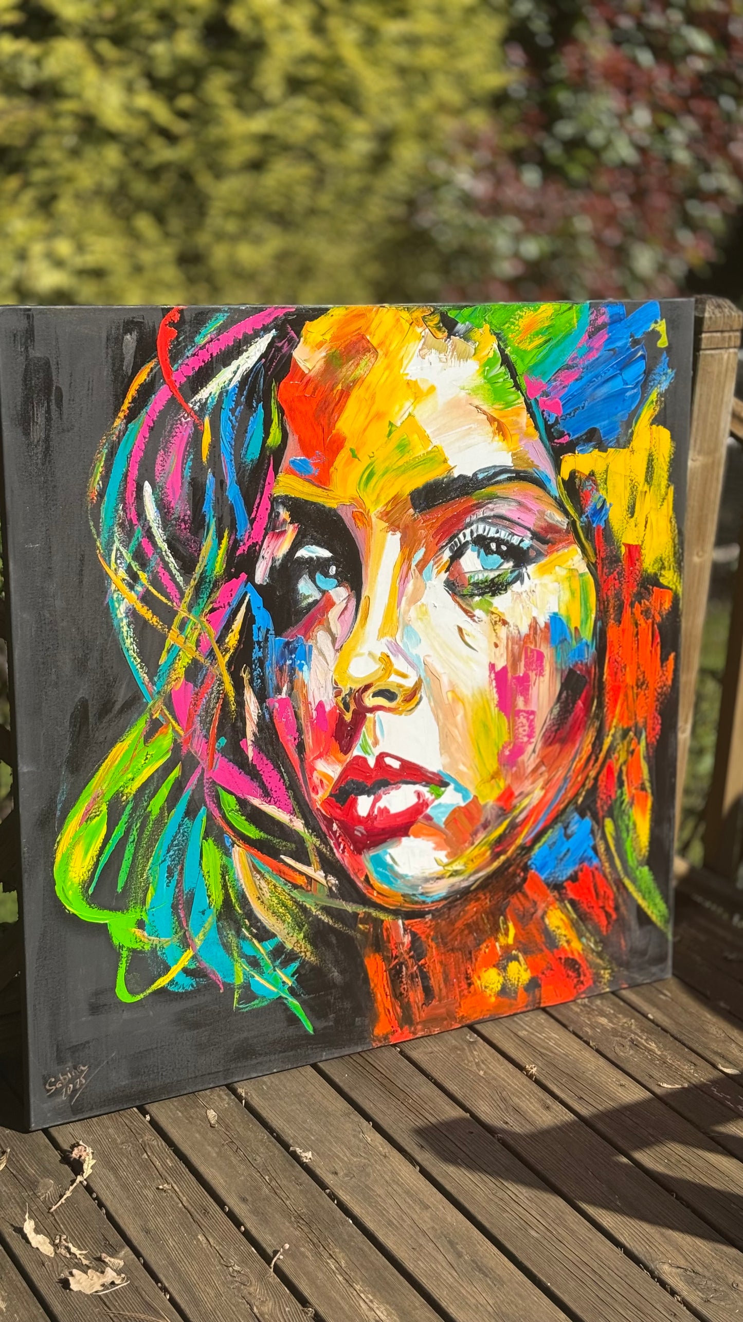 Modern Style Abstract Original Oil Painting On 100 x 100cm canvas Pillow talk woman portrait framed in black and gold frame