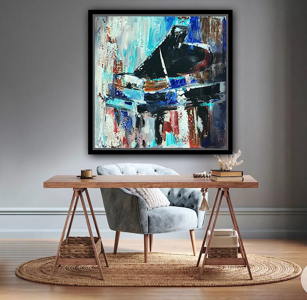 Framed in black Textured Original Abstract Oil Painting On Canvas 55x55cm Black Grand Piano