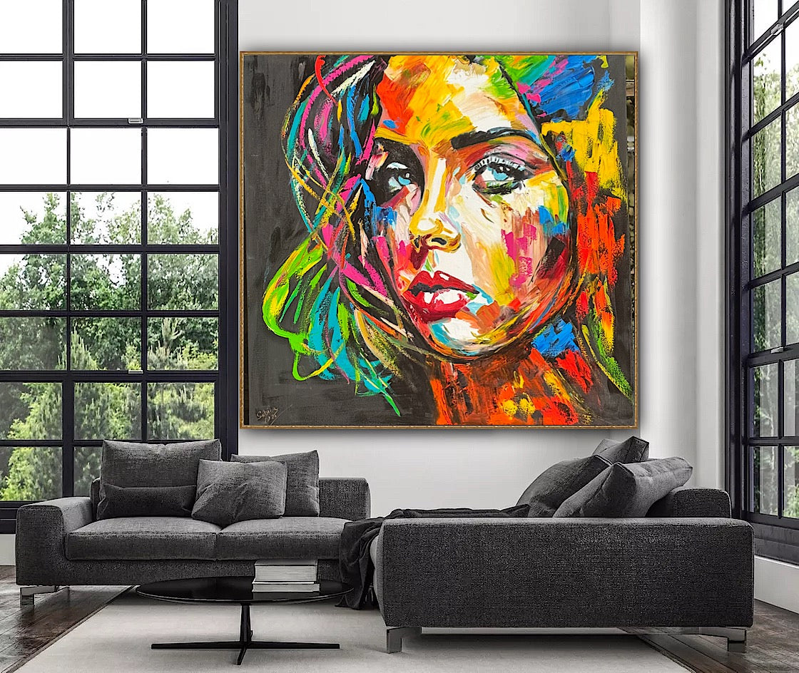 Modern Style Abstract Original Oil Painting On 100 x 100cm canvas Pillow talk woman portrait framed in black and gold frame