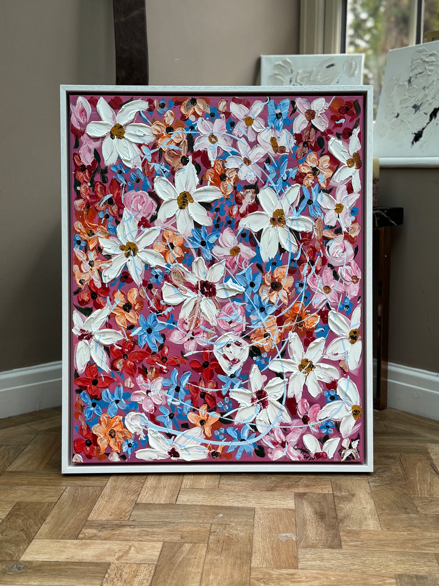 Original Abstract Oil Painting On Canvas 80 x 65cm Daisies in bloom textured framed