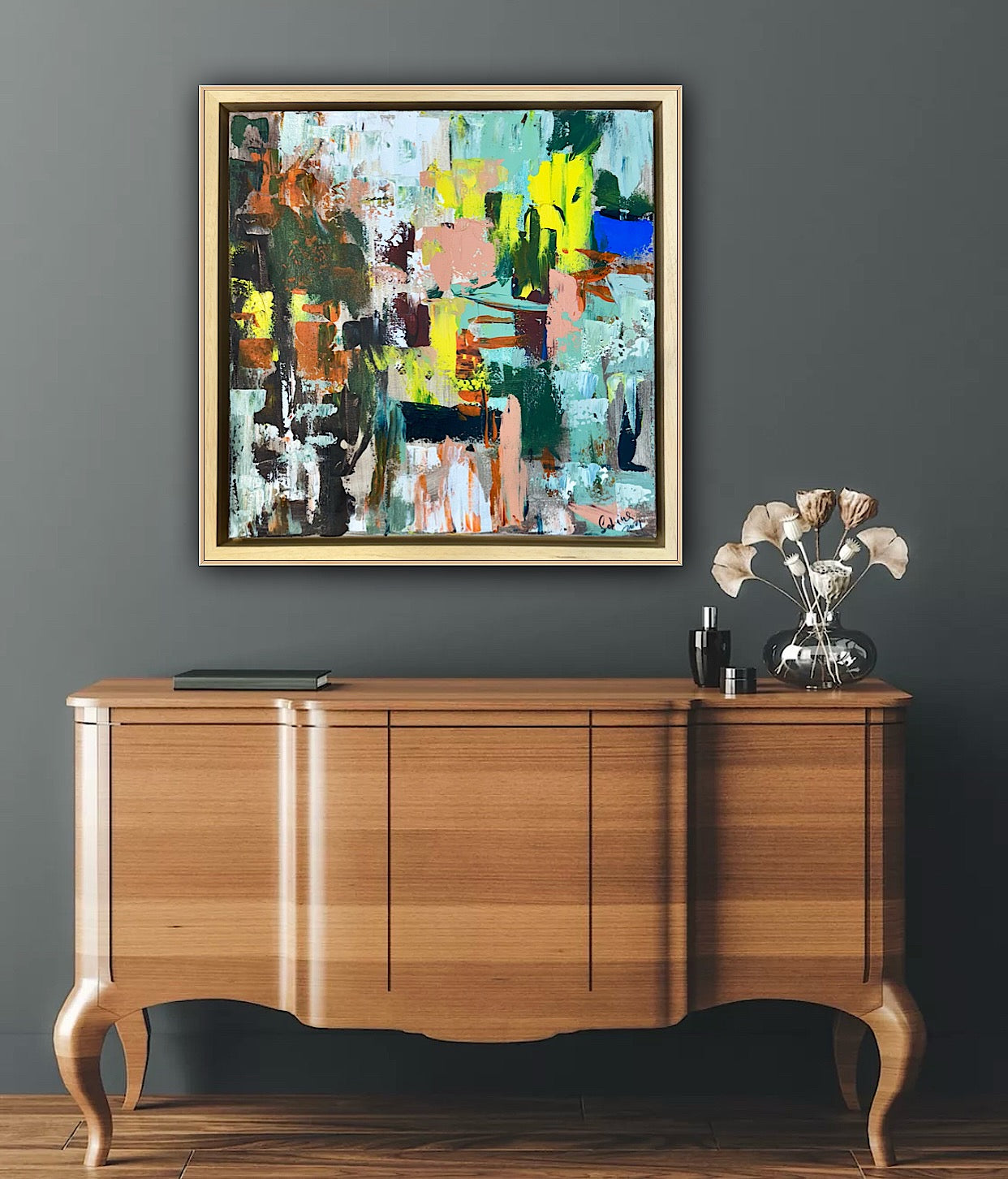 Framed Original Abstract Oil Painting On Canvas 52 x 52cm city lights Oka