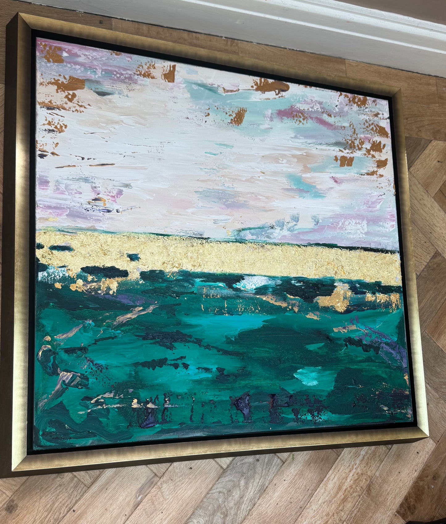 Framed in antique gold Textured Original Abstract Oil Painting On Canvas 70x70cm Seascape with gold leaf