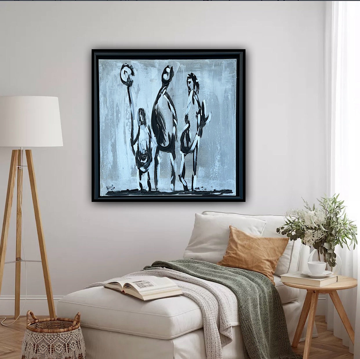 Framed in black Figurative Modern Abstract contemporary oil Painting On Canvas 42 x 42cm family