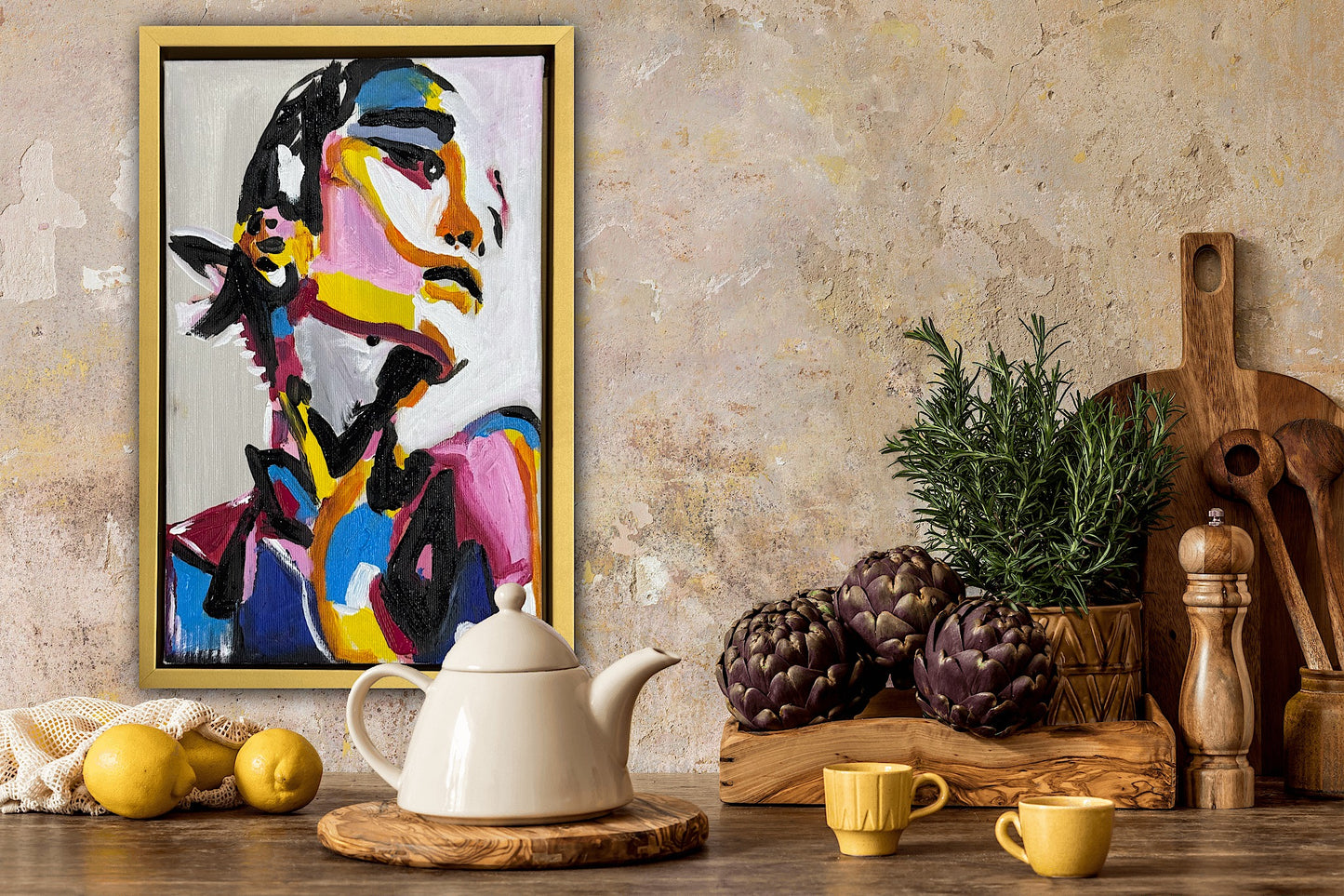 Framed in gold bronze Original Abstract Oil Painting On Canvas 36 x 24cm The Silent phoenix’ Girl Oka portrait