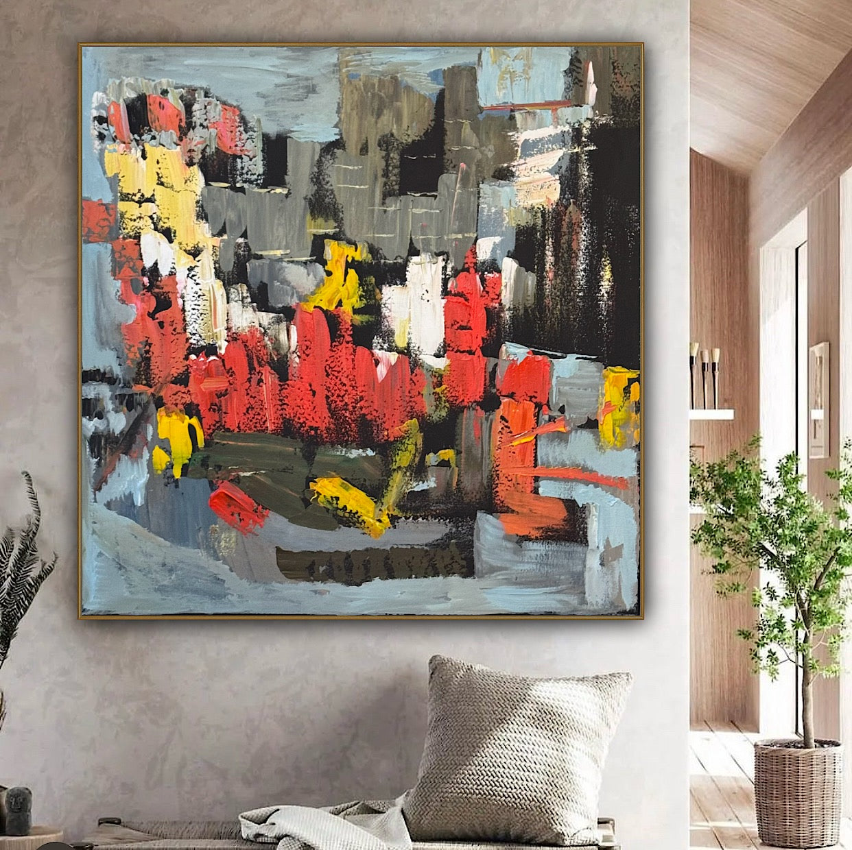 Framed in black Oka Contemporary Abstract Original Oil Painting on 70 x 70cm canvas Rome cityscape