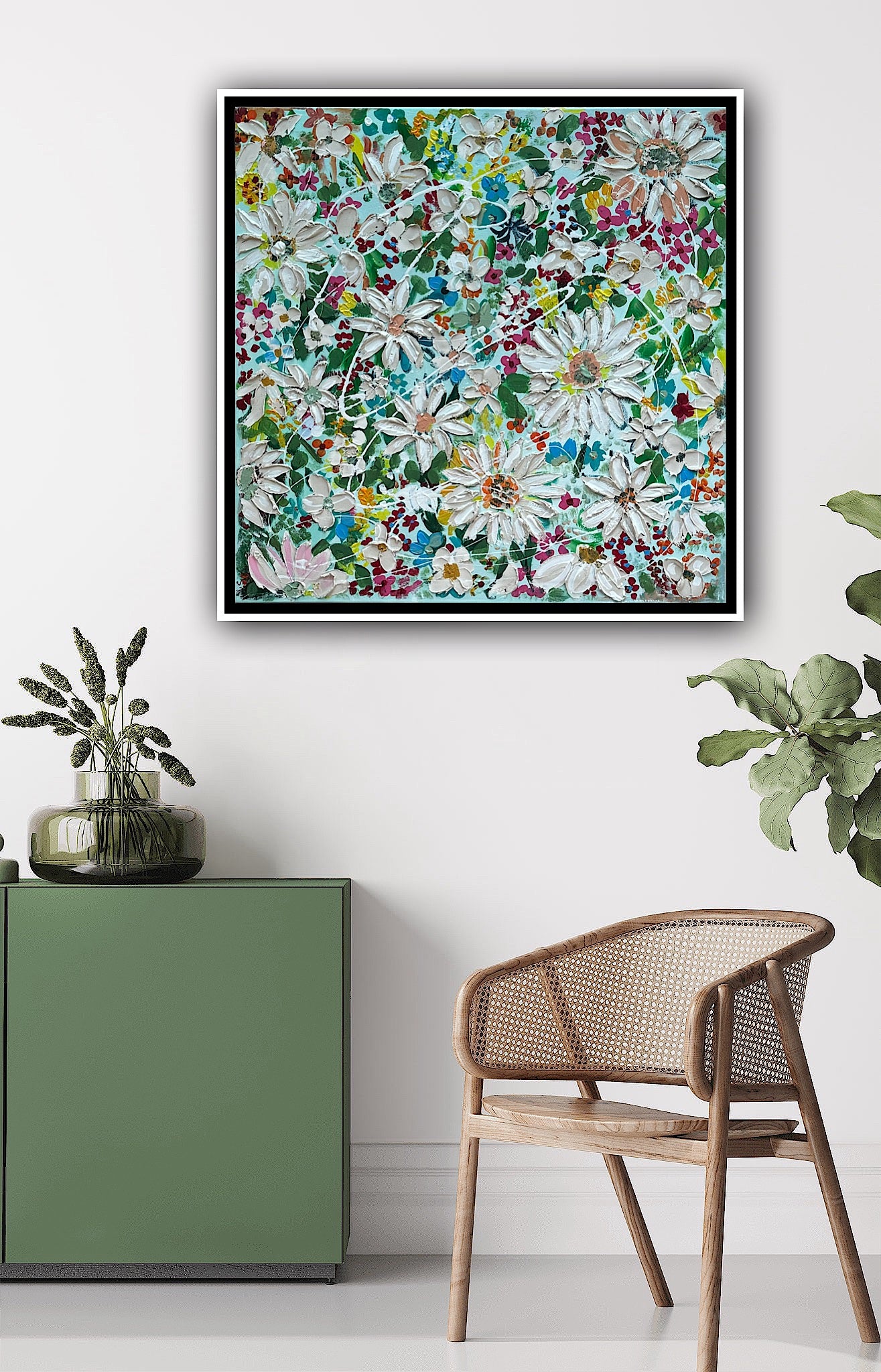 Framed Original Abstract Oil Painting On Canvas 80x80cm Daisies & more Flowers Textured