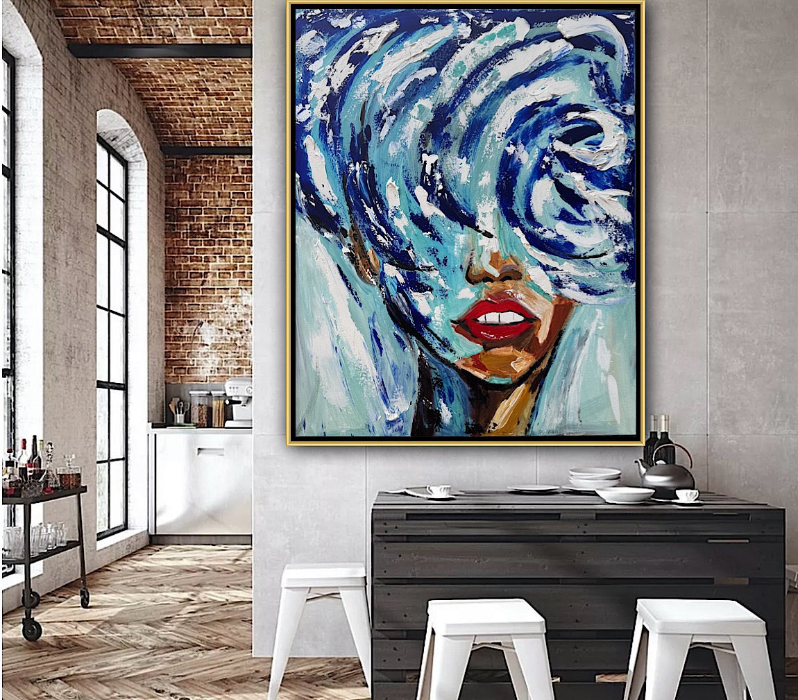 Large Abstract Original Oil Painting On 80x70cm canvas Waves Woman texture Vogue portrait framed in gold bespoke frame