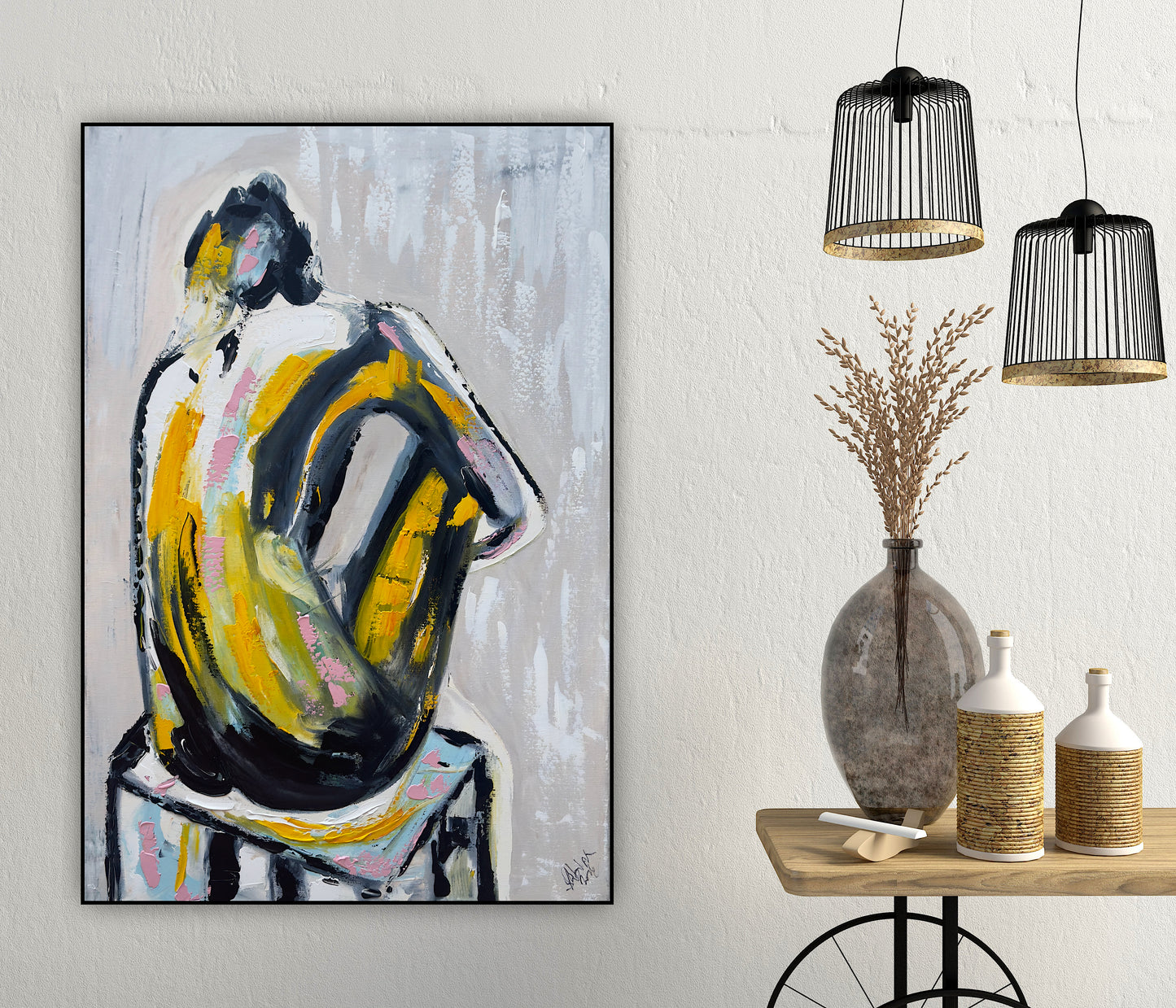 Contemporary Abstract Original Oil Painting On Canvas 90x60cm Seating Nude oka