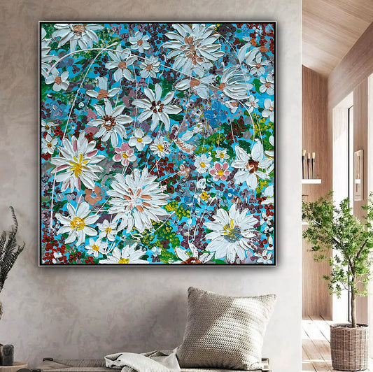 Original Abstract Oil Painting On Canvas 90 x 90cm Flowers in bloom textured framed