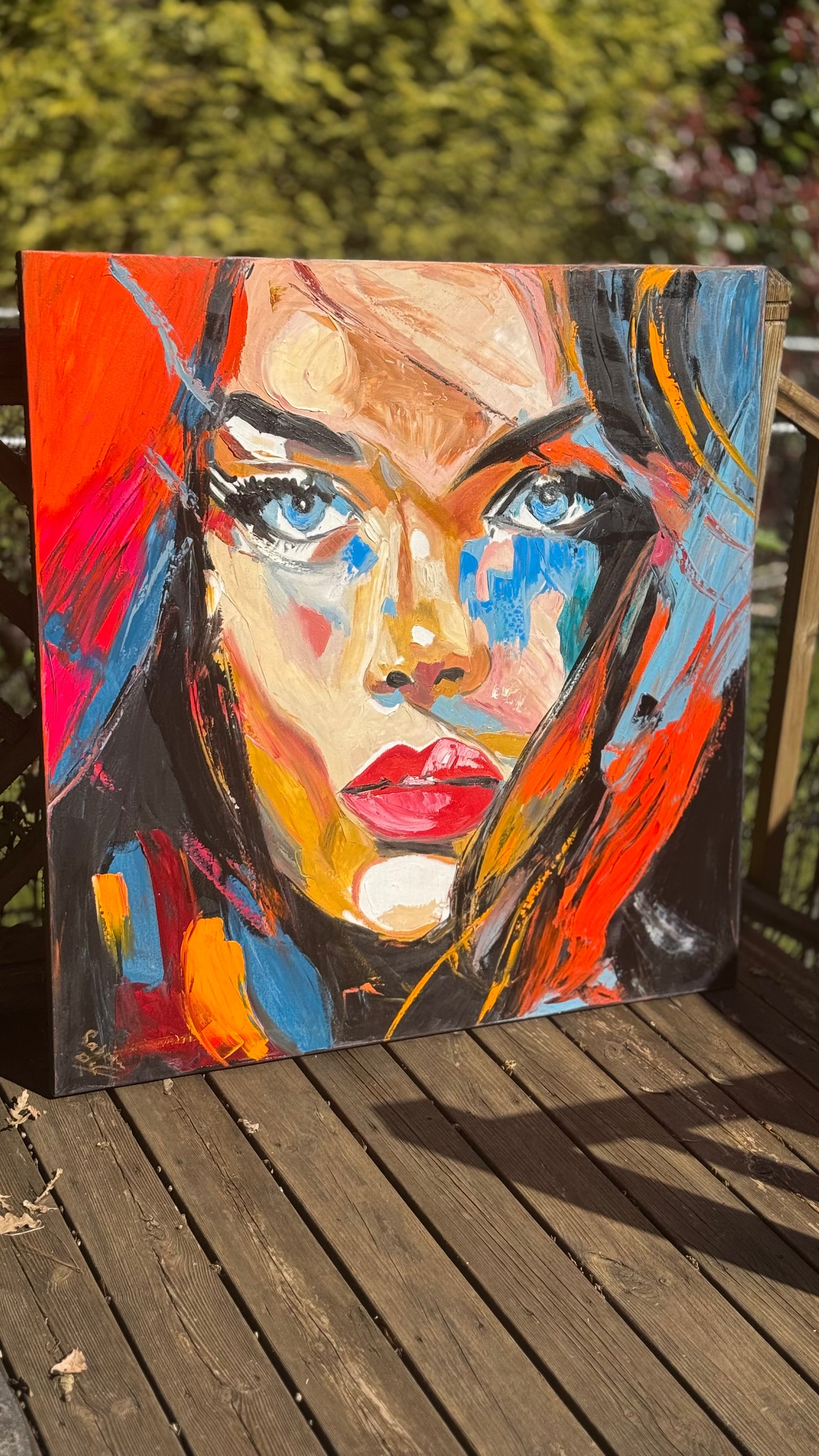 Richter Style Abstract Original Oil Painting On 100 x 100cm canvas Blue eyes woman portrait