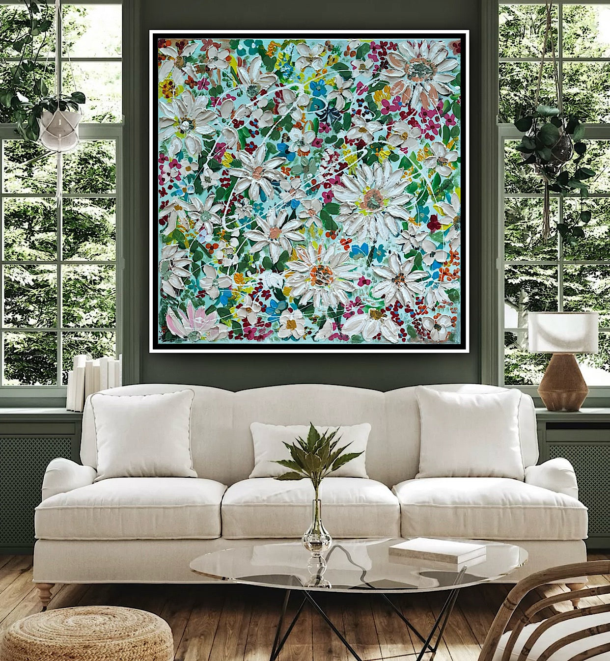 Framed Original Abstract Oil Painting On Canvas 80x80cm Daisies & more Flowers Textured
