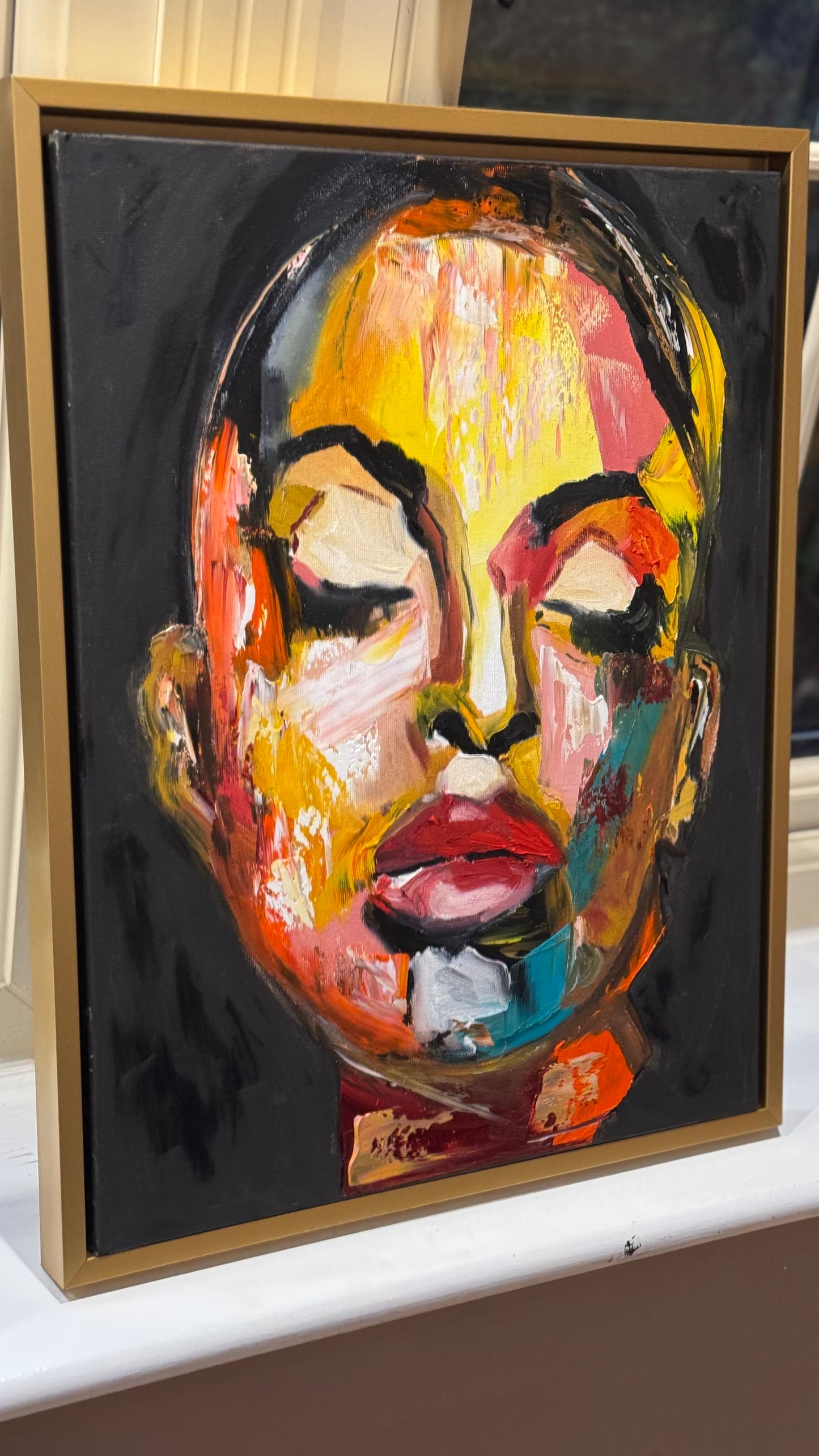 Framed in gold bronze Original Abstract Oil Painting On Canvas 57 x45cm The Beauty Queen’ Girl Oka portrait