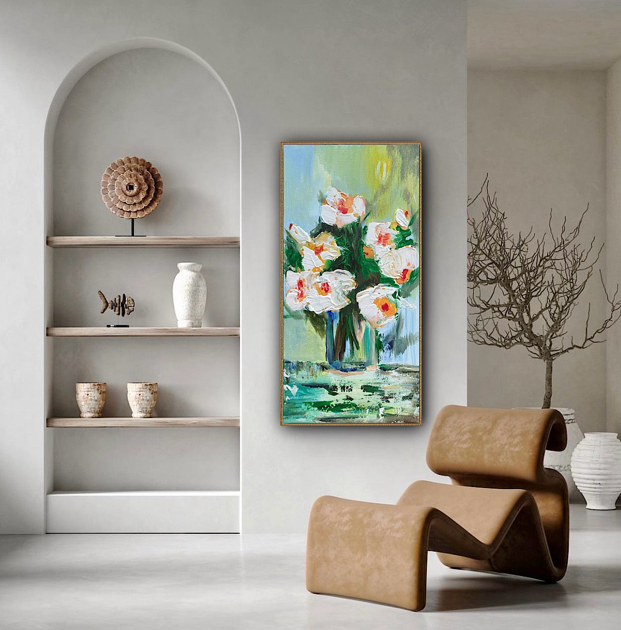 Oka Contemporary Abstract Original Oil Painting on 30cm x 60cm canvas textured White Roses floral love