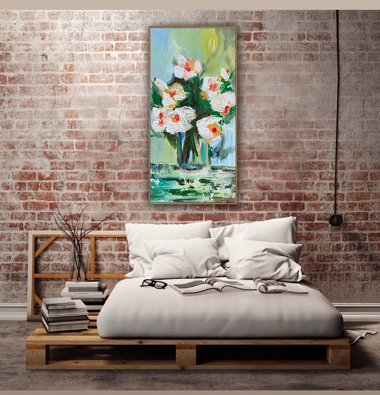 Oka Contemporary Abstract Original Oil Painting on 30cm x 60cm canvas textured White Roses floral love