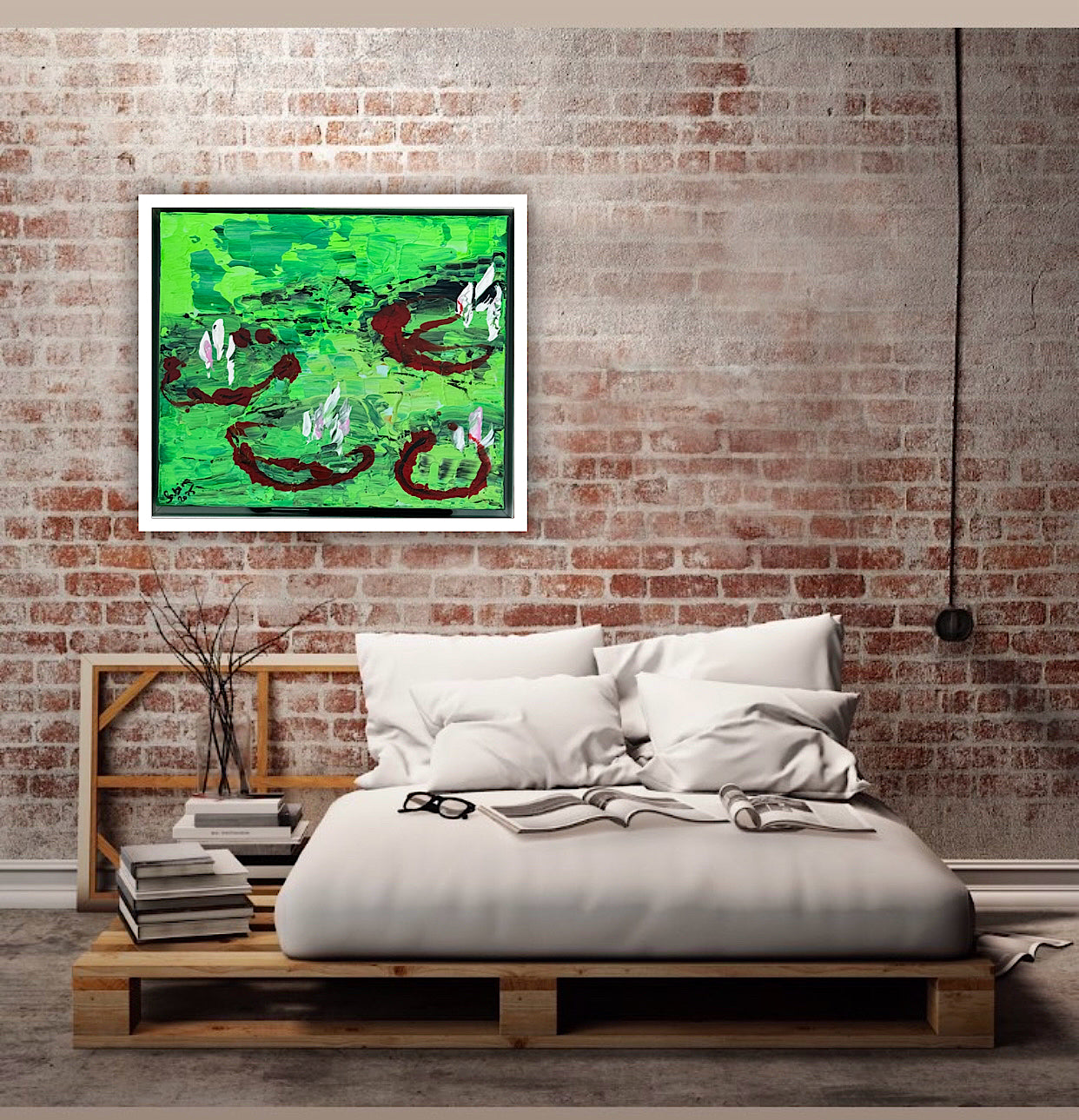 Framed Original Abstract contemporary Oil Painting On Canvas 36 x 33cm Lily Pond oka