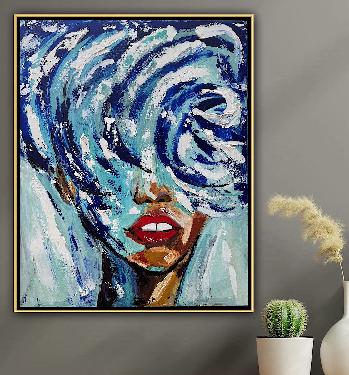 Large Abstract Original Oil Painting On 80x70cm canvas Waves Woman texture Vogue portrait framed in gold bespoke frame