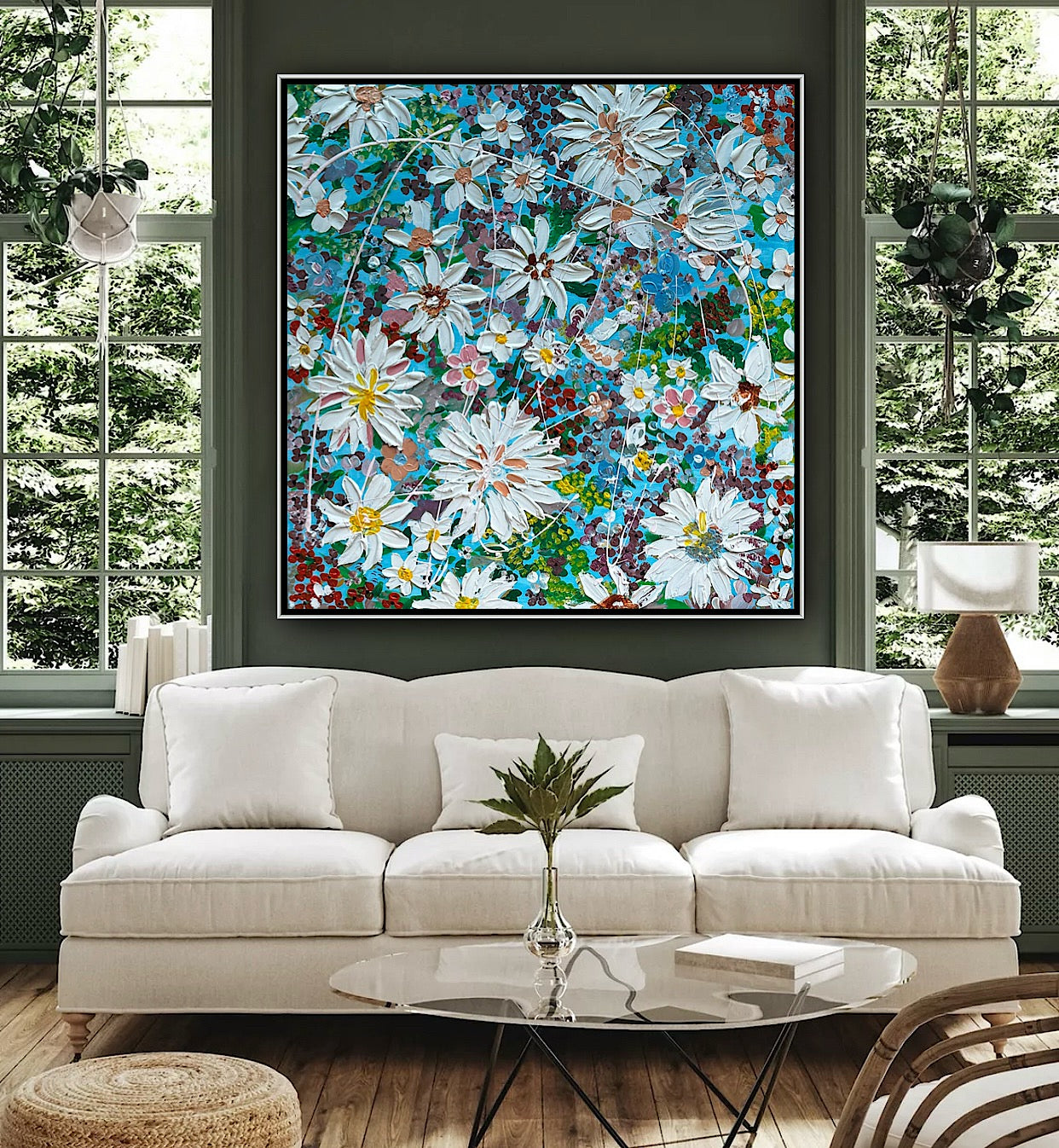 Original Abstract Oil Painting On Canvas 90 x 90cm Flowers in bloom textured framed