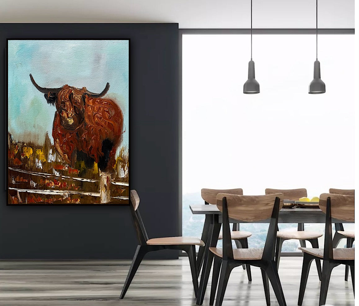 Abstract Original Oil Painting On 30 x 40cm Canvas Aboriginal highland cow ‘Bernie’ animal