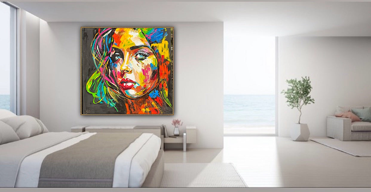 Modern Style Abstract Original Oil Painting On 100 x 100cm canvas Pillow talk woman portrait framed in black and gold frame