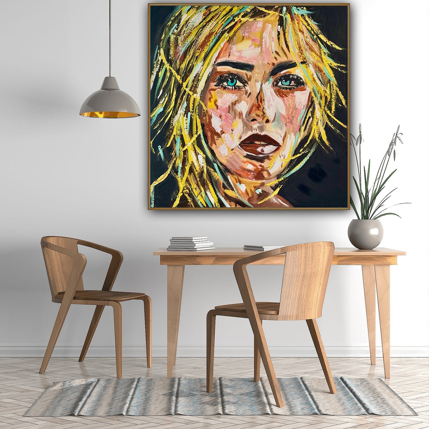 Contemporary Abstract Original Oil Painting On Canvas 90x90cm Blond girl ‘Luna’ woman’s portrait Framed