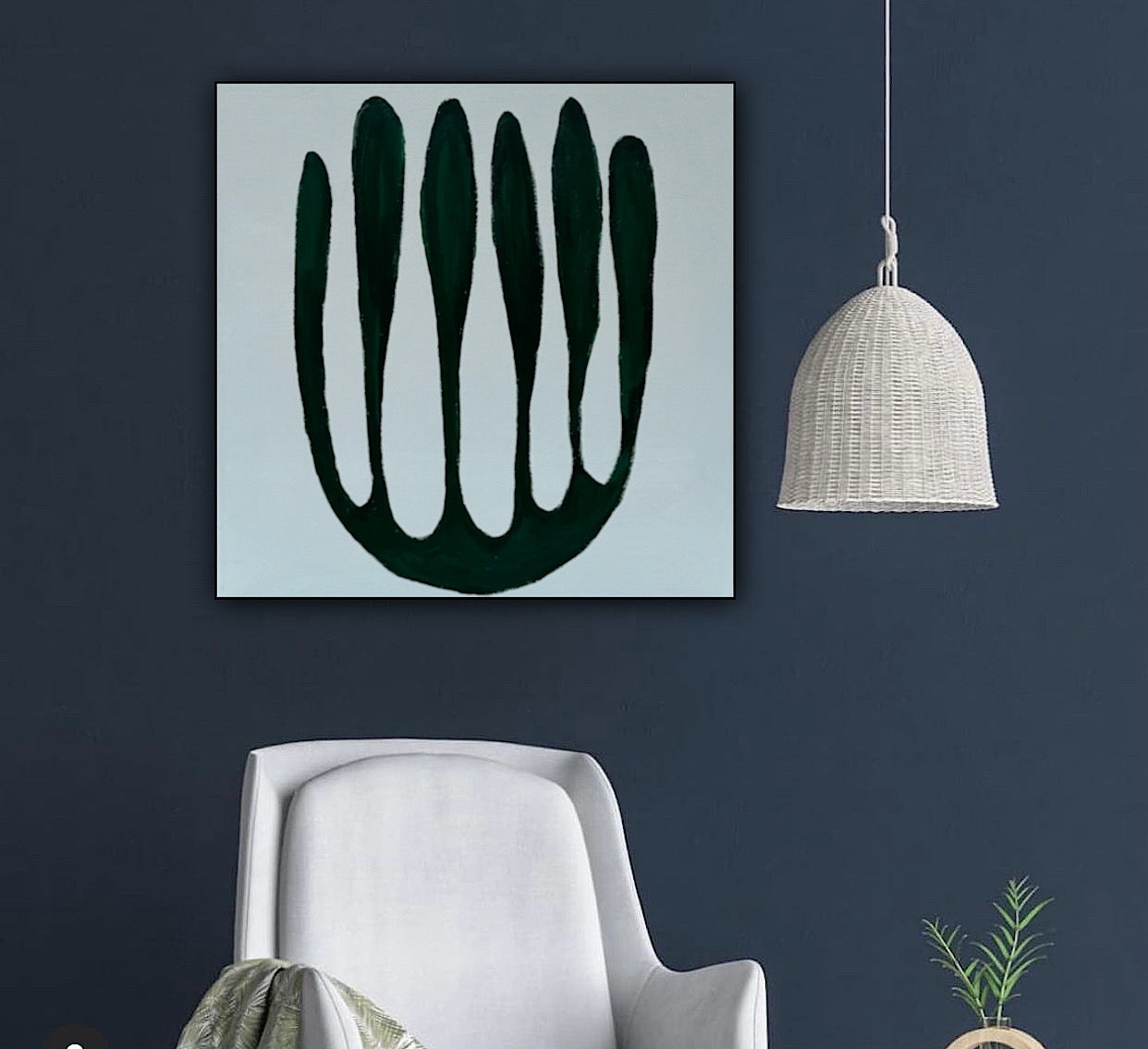 Eferi Plant Green & White Modern Abstract oil Painting On Canvas 40x40cm In Oka floral