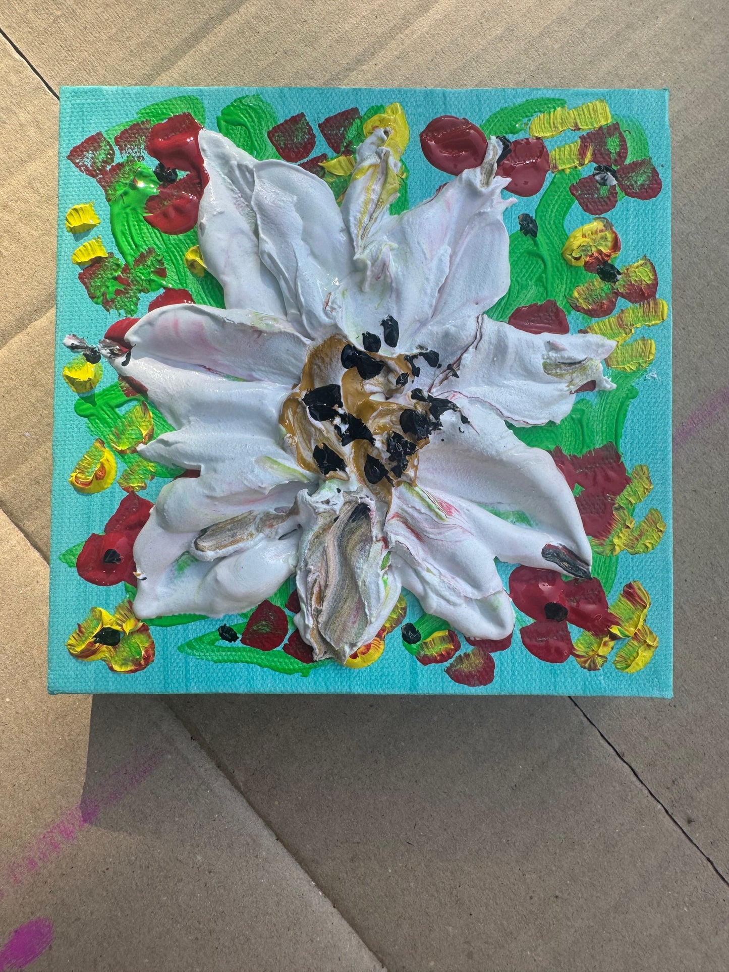 Modern Abstract Original Oil Paintings On 4cm deep Canvas ‘white flower ’ 15x15cm textured