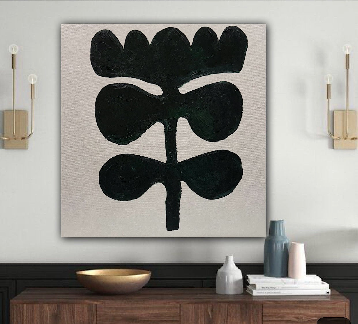 Eferi Plant II Green & White Modern Abstract oil Painting On Canvas 40x40cm In Oka floral