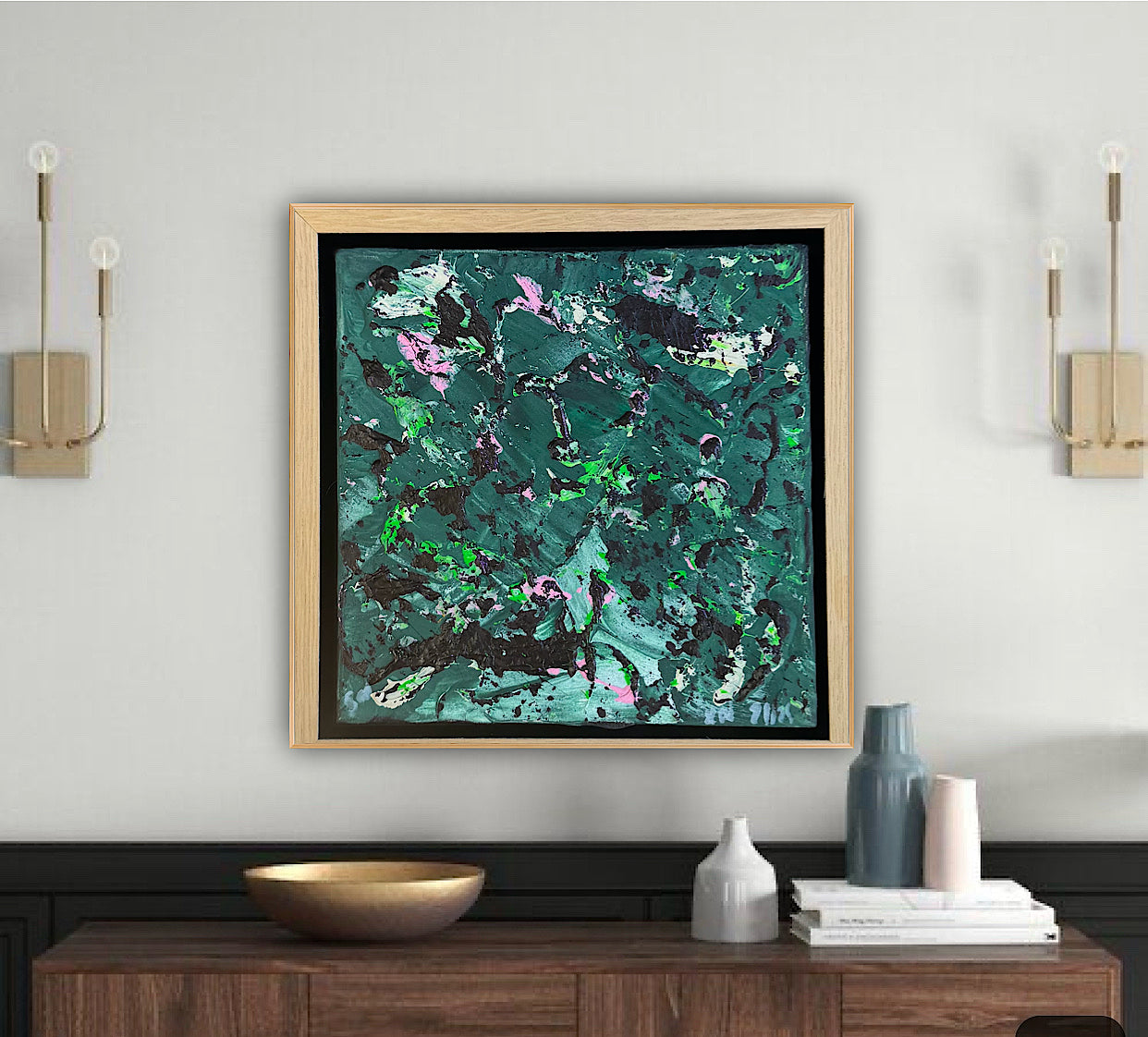 Framed in oak Original Abstract contemporary Oil Painting On Canvas 20 x 20Cm Orchard oka